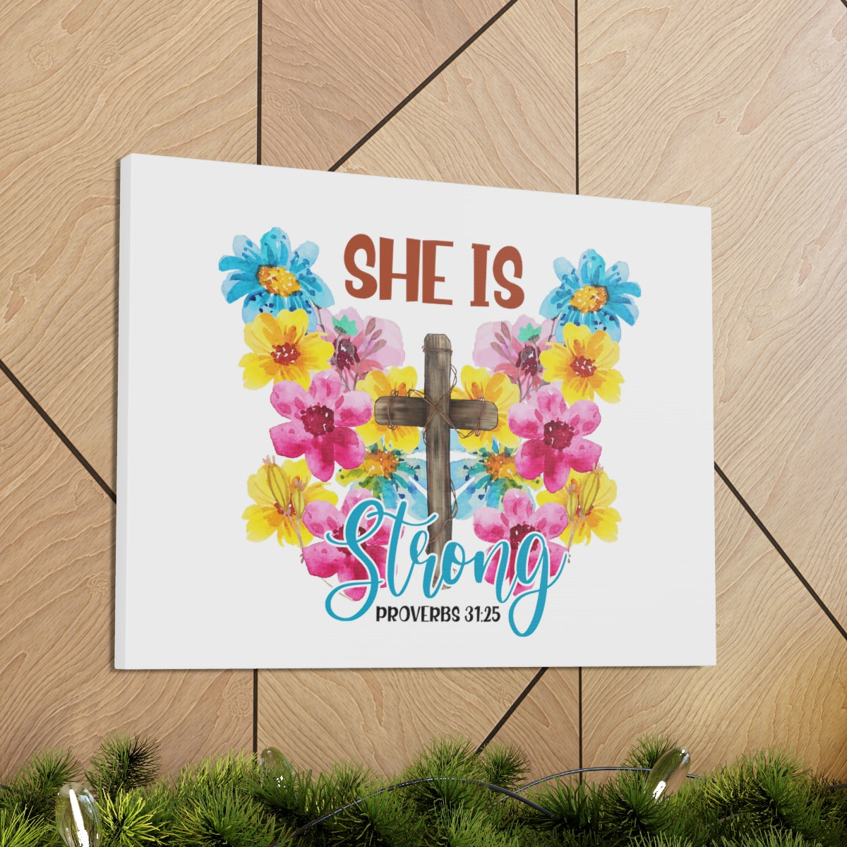 Scripture Walls She Is Strong Proverbs 31:25 Flowers Christian Wall Art Bible Verse Print Ready to Hang Unframed-Express Your Love Gifts