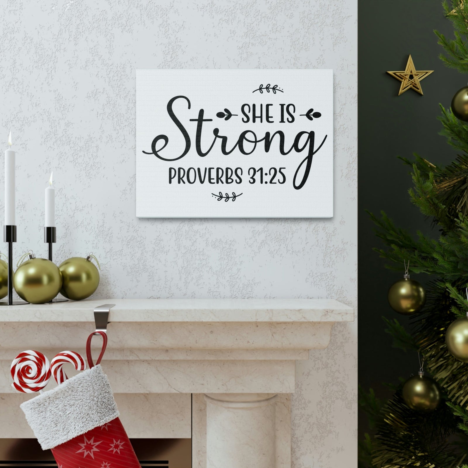 Scripture Walls Strong Proverbs 31:25 Leaves Bible Verse Canvas Christian Wall Art Ready to Hang Unframed-Express Your Love Gifts