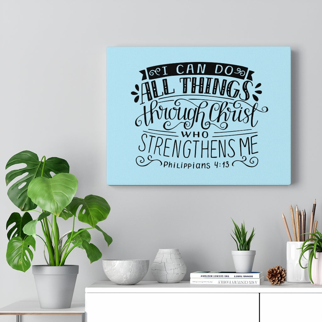 Scripture Walls Through Christ Philippians 4:13 Sky Blue Bible Verse Canvas Christian Wall Art Ready to Hang Unframed-Express Your Love Gifts