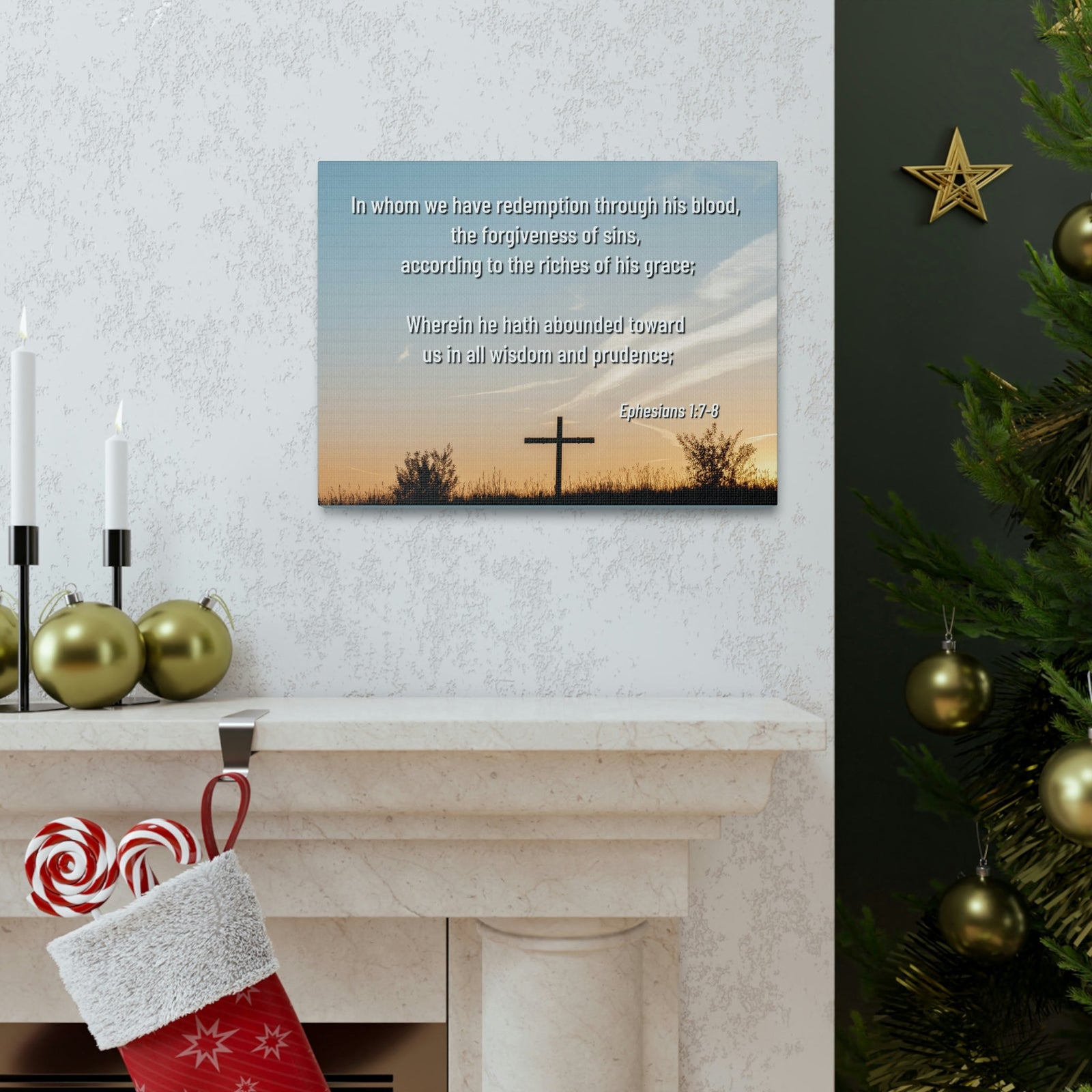 Scripture Walls Through His Blood Ephesians 1:7 Bible Verse Canvas Christian Wall Art Ready to Hang Unframed-Express Your Love Gifts