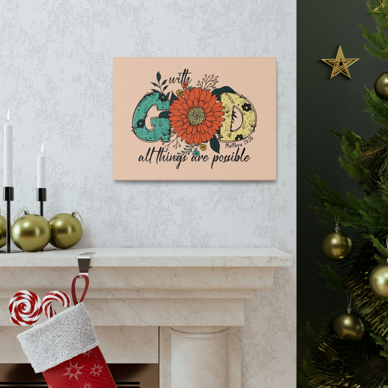 Scripture Walls With God Mark 10:27 Three Flowers Peach Christian Wall Art Bible Verse Print Ready to Hang Unframed-Express Your Love Gifts