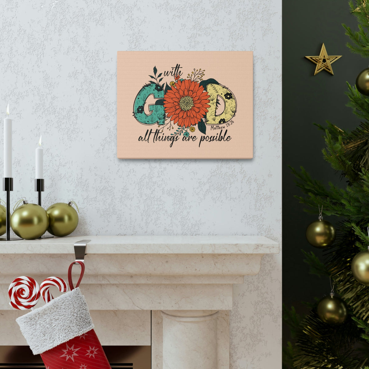 Scripture Walls With God Mark 10:27 Three Flowers Peach Christian Wall Art Bible Verse Print Ready to Hang Unframed-Express Your Love Gifts