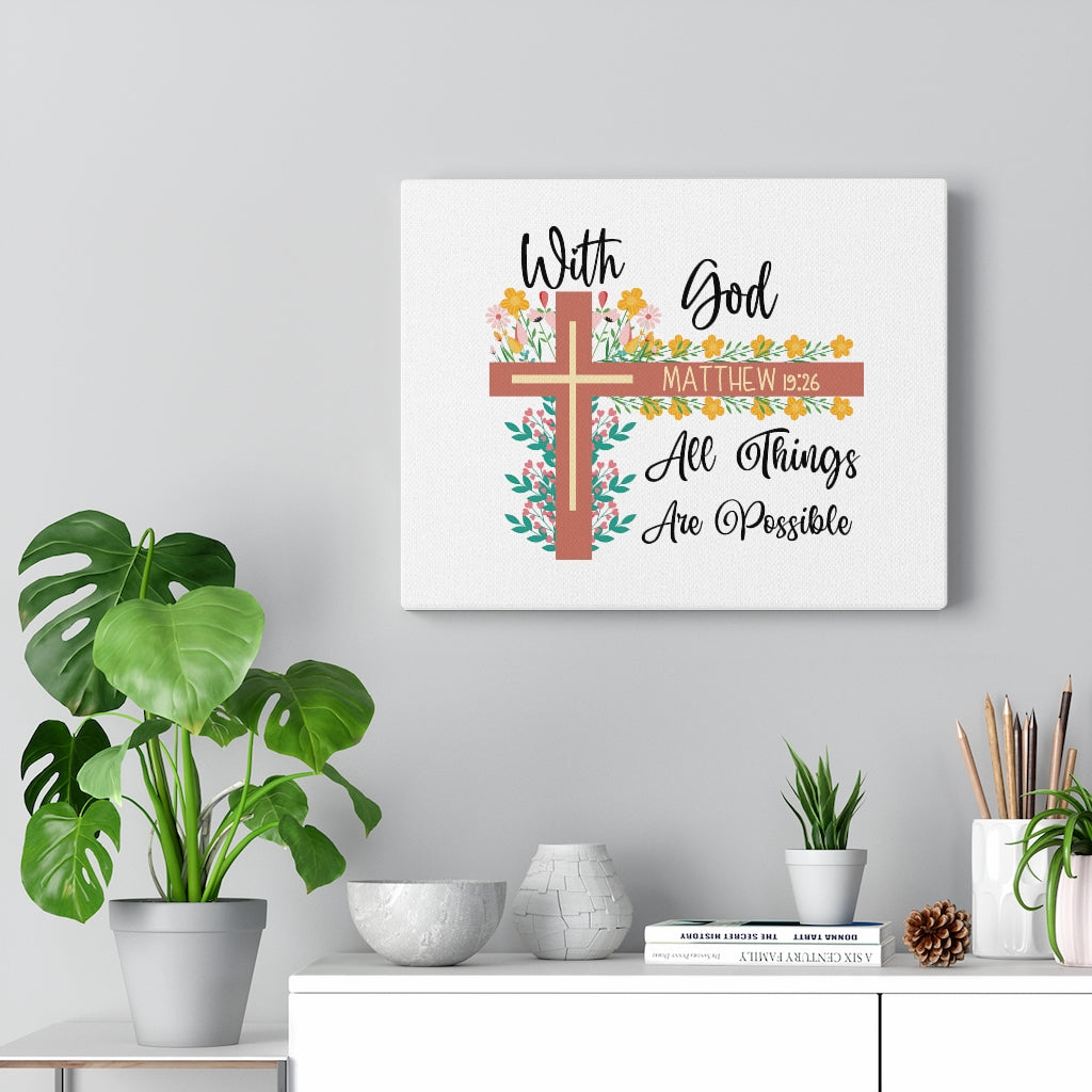 Scripture Walls With God Matthew 19:26 Flower Cross Bible Verse Canvas Christian Wall Art Ready to Hang Unframed-Express Your Love Gifts