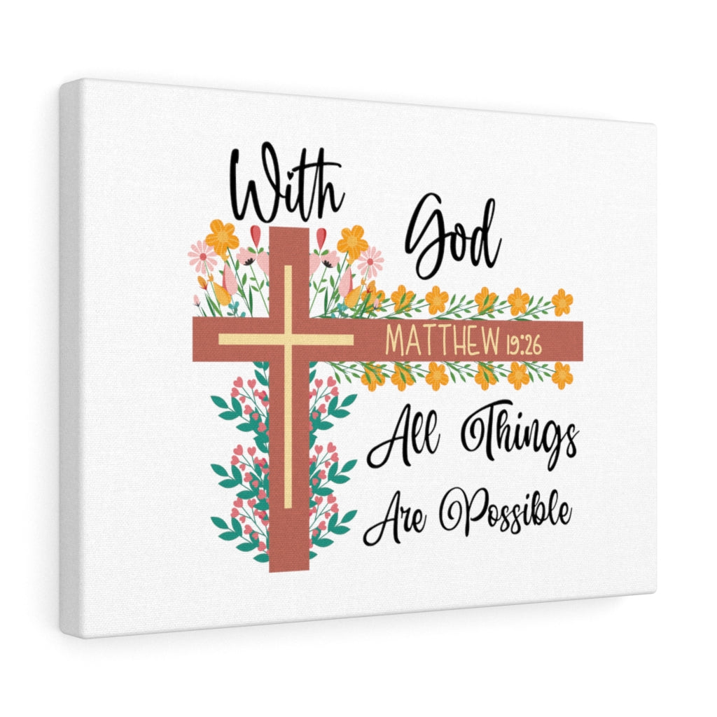 Scripture Walls With God Matthew 19:26 Flower Cross Bible Verse Canvas Christian Wall Art Ready to Hang Unframed-Express Your Love Gifts