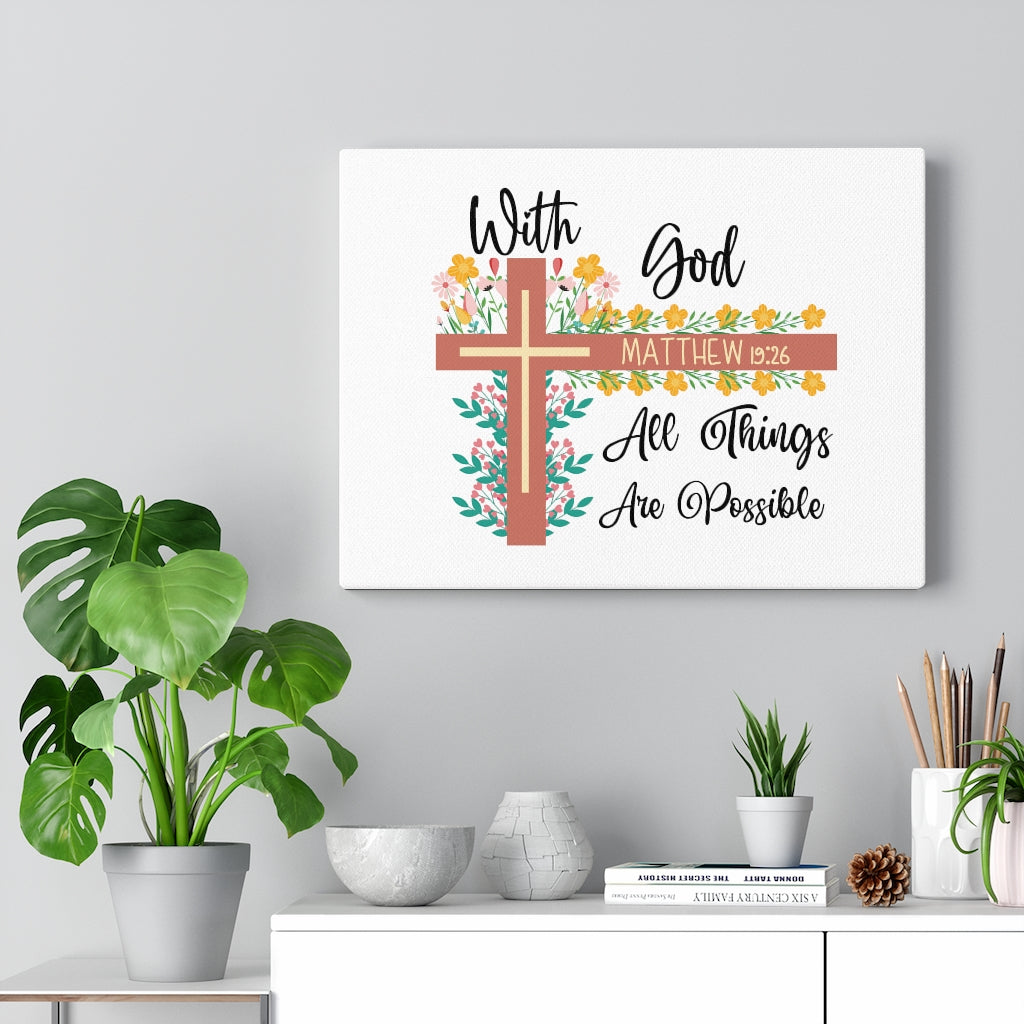 Scripture Walls With God Matthew 19:26 Flower Cross Bible Verse Canvas Christian Wall Art Ready to Hang Unframed-Express Your Love Gifts