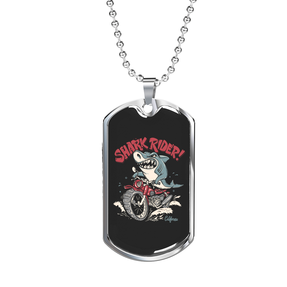 Shark Rider Biker Necklace Stainless Steel or 18k Gold Dog Tag 24"-Express Your Love Gifts