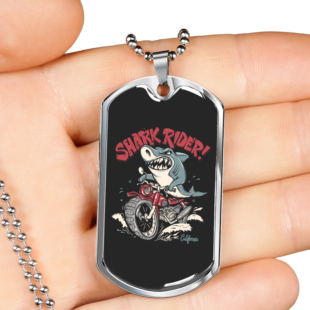 Shark Rider Biker Necklace Stainless Steel or 18k Gold Dog Tag 24"-Express Your Love Gifts