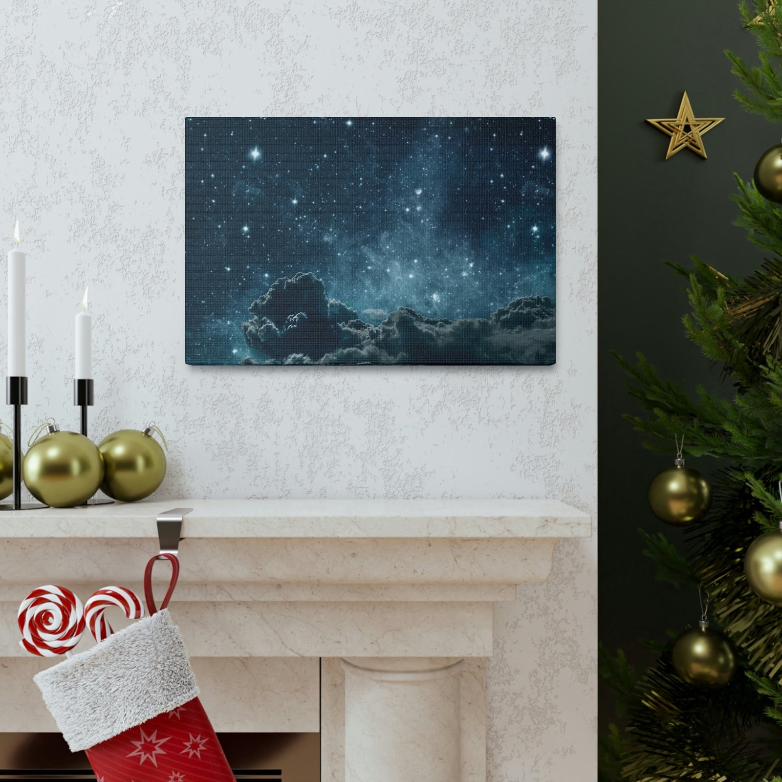 Shining Stars at the Night Sky Scene Beautiful Incredible and Astounding Cloudy Night Beauty Nature Scene Starry Sky at Night Wall Art Ready to Hang Unframed-Express Your Love Gifts