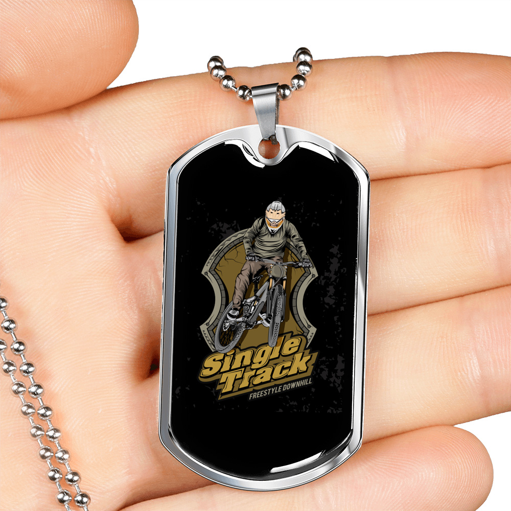 Single Track Cycling Necklace Stainless Steel or 18k Gold Dog Tag 24"-Express Your Love Gifts