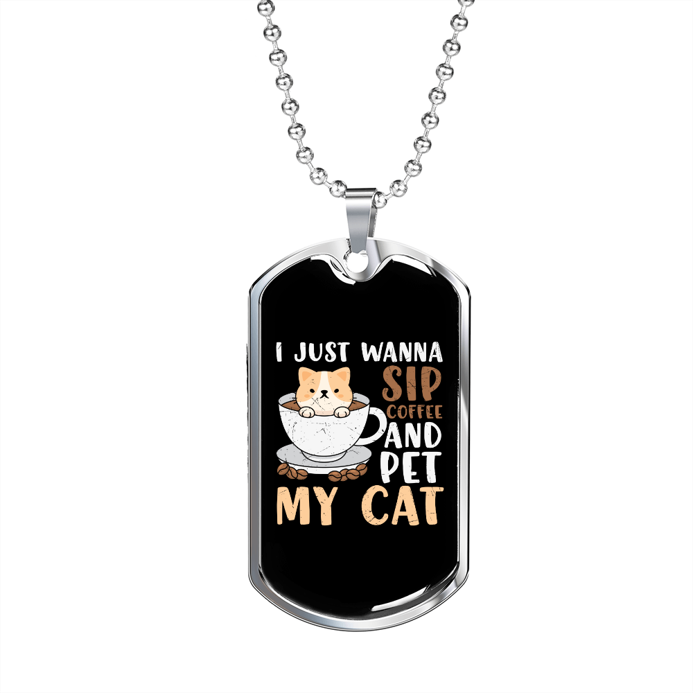 Sip Coffee Cat Necklace Stainless Steel or 18k Gold Dog Tag 24" Chain-Express Your Love Gifts