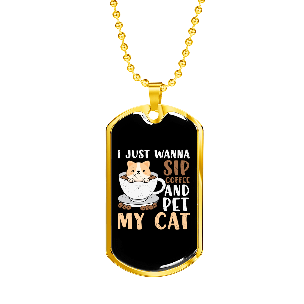 Sip Coffee Cat Necklace Stainless Steel or 18k Gold Dog Tag 24" Chain-Express Your Love Gifts