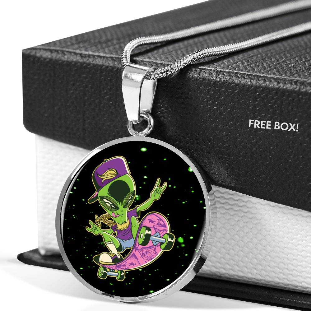 Skater Alien Circle Pendant UFO Alien Fan Necklace Stainless Steel or 18k Gold 18-22"-Express Your Love Gifts