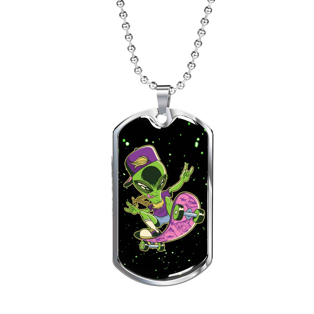 Skater Alien Necklace UFO Alien Fan Gift Stainless Steel or 18k Gold Dog Tag 24" Chain-Express Your Love Gifts
