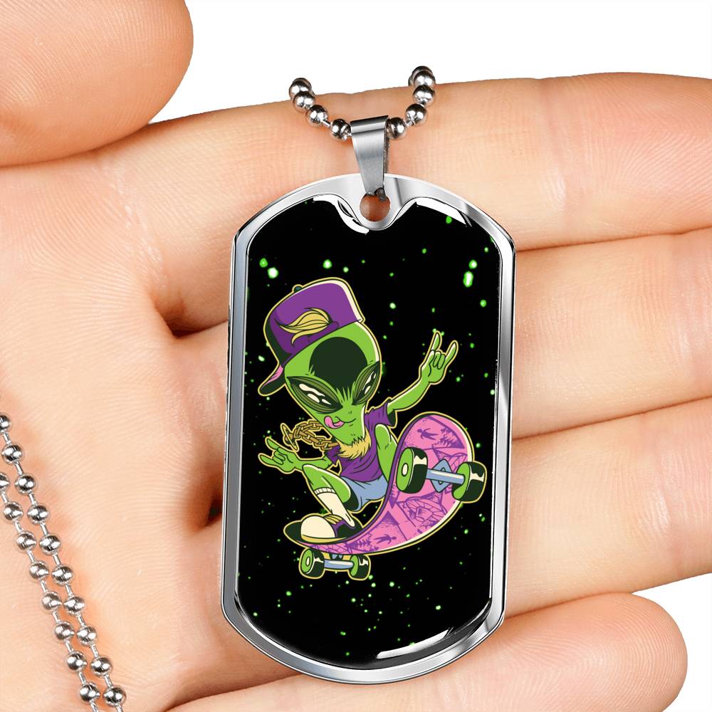 Skater Alien Necklace UFO Alien Fan Gift Stainless Steel or 18k Gold Dog Tag 24" Chain-Express Your Love Gifts