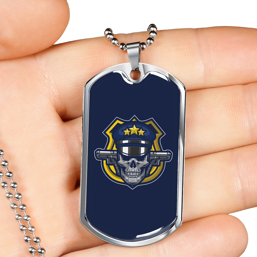 Skull Police Necklace Stainless Steel or 18k Gold Dog Tag 24"-Express Your Love Gifts