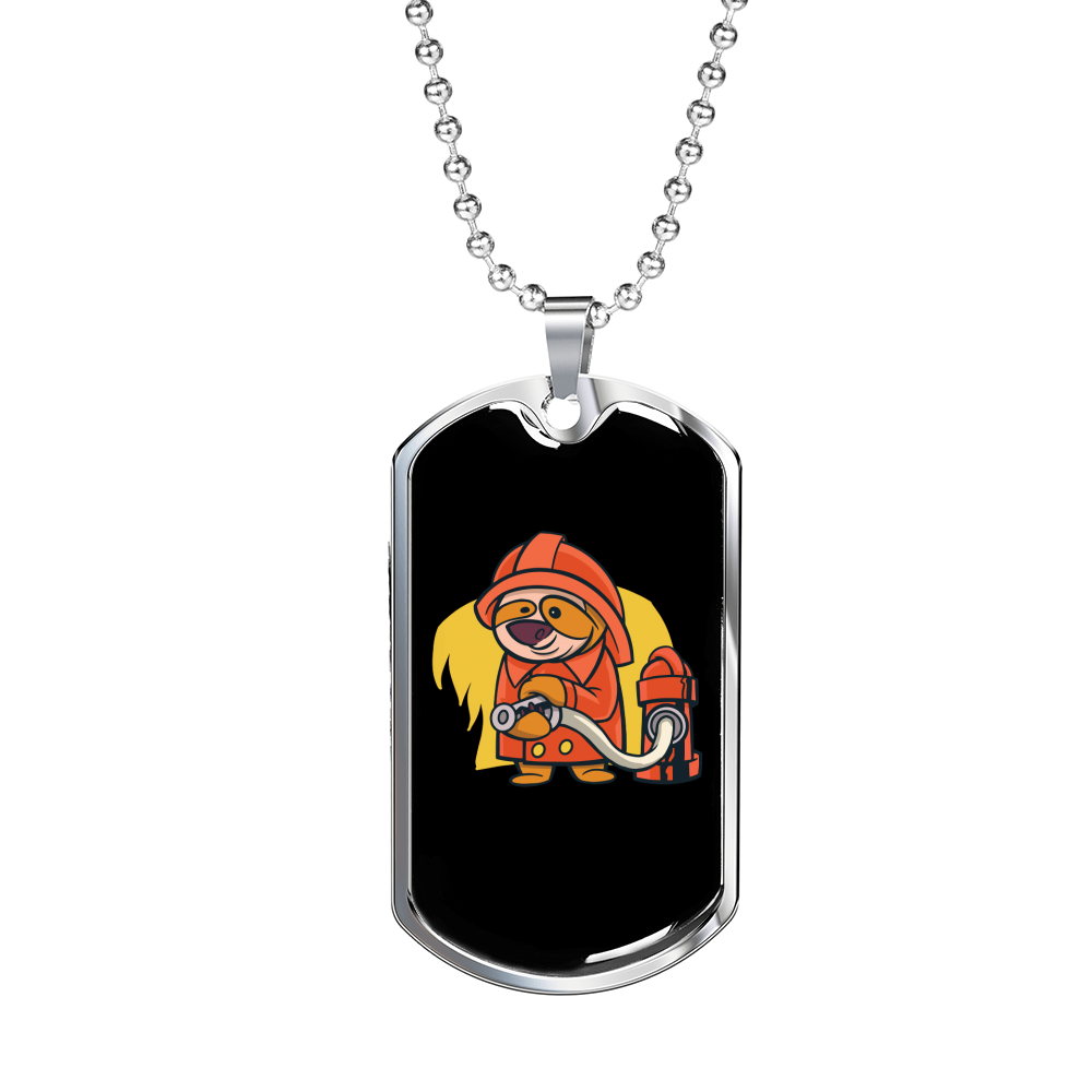 Sloth Firefighter Holding Hose Necklace Stainless Steel or 18k Gold Dog Tag 24" Chain-Express Your Love Gifts