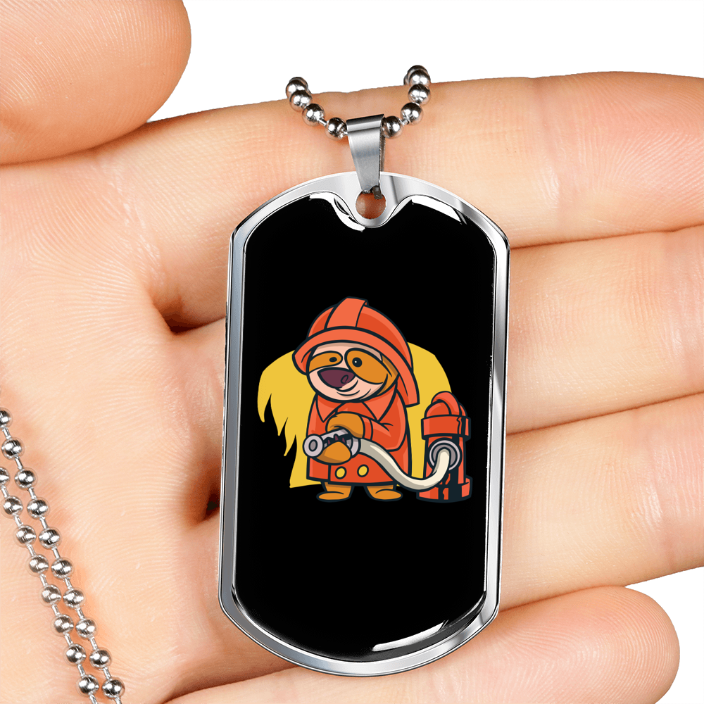 Sloth Firefighter Holding Hose Necklace Stainless Steel or 18k Gold Dog Tag 24" Chain-Express Your Love Gifts