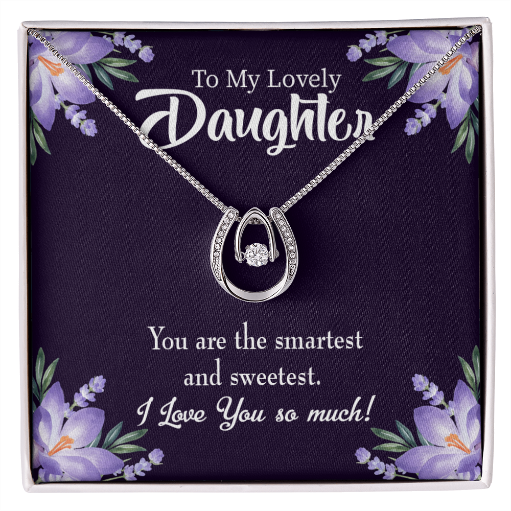 Smartest and Sweetest Daughter Lucky Horseshoe Necklace Message Card 14k w CZ Crystals-Express Your Love Gifts