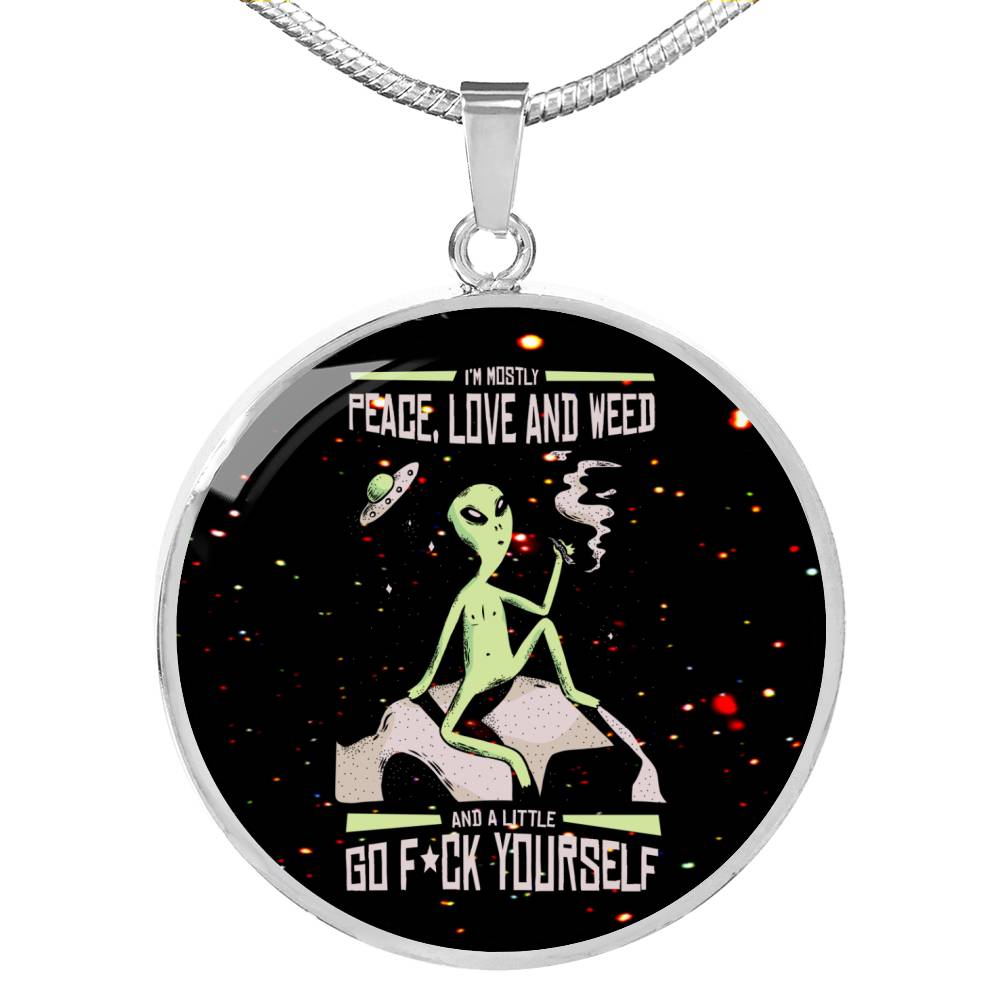 Smoking Alien Circle UFO Alien Fan Necklace Stainless Steel or 18k Gold 18-22"-Express Your Love Gifts