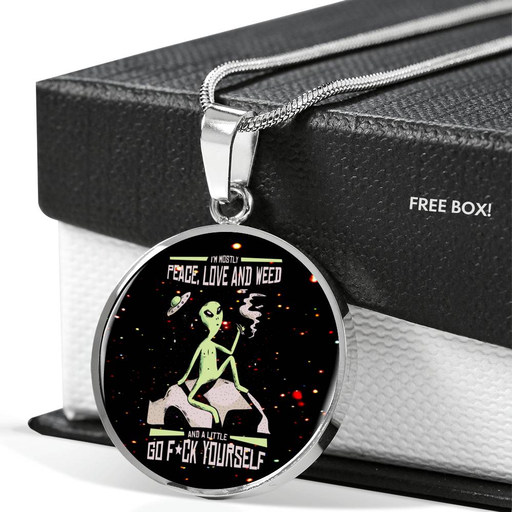 Smoking Alien Circle UFO Alien Fan Necklace Stainless Steel or 18k Gold 18-22"-Express Your Love Gifts