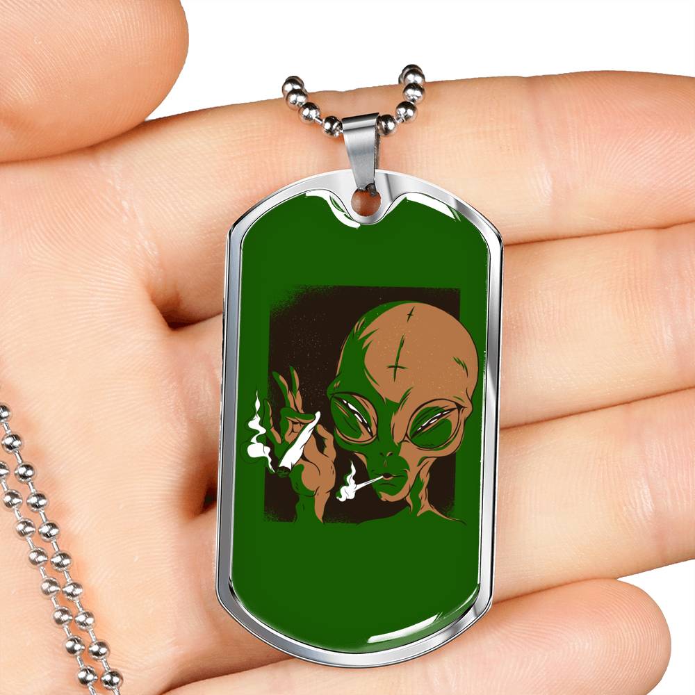 Smoking Alien Necklace UFO Alien Fan Gift Stainless Steel or 18k Gold Dog Tag 24" Chain-Express Your Love Gifts