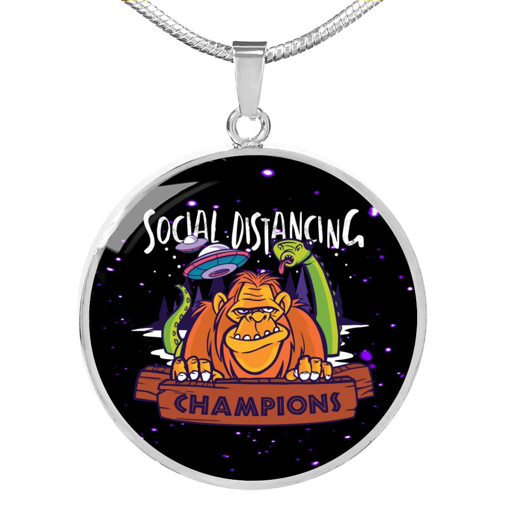 Social Distancing Champions Circle Pendant UFO Alien Fan Necklace Stainless Steel or 18k Gold 18-22"-Express Your Love Gifts