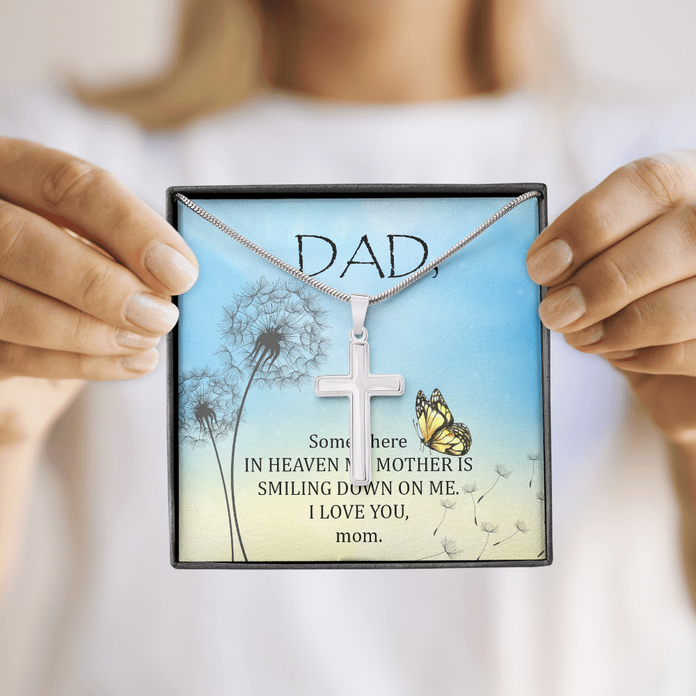 Somewhere in Heaven Dad Memorial Gift Dad Memorial Cross Necklace Sympathy Gift Loss of Father Condolence Message Card-Express Your Love Gifts