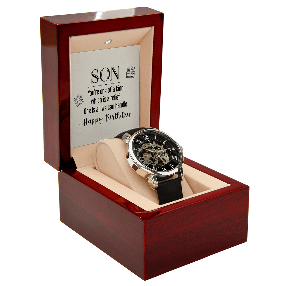 Son You're One of a Kind Men's Openwork Watch With Message Card in Mahogany Box-Express Your Love Gifts