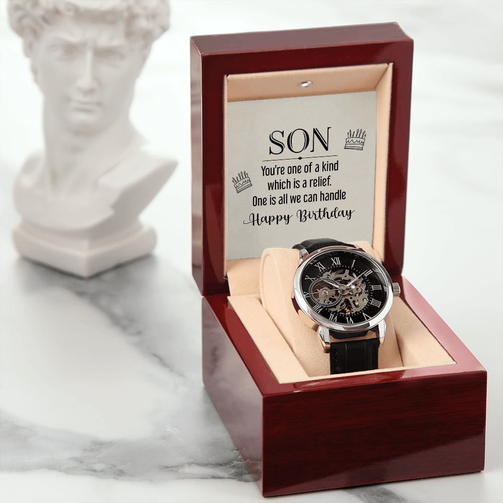 Son You're One of a Kind Men's Openwork Watch With Message Card in Mahogany Box-Express Your Love Gifts