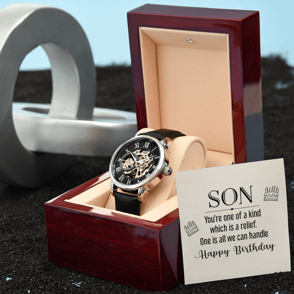 Son You're One of a Kind Men's Openwork Watch With Message Card in Mahogany Box-Express Your Love Gifts