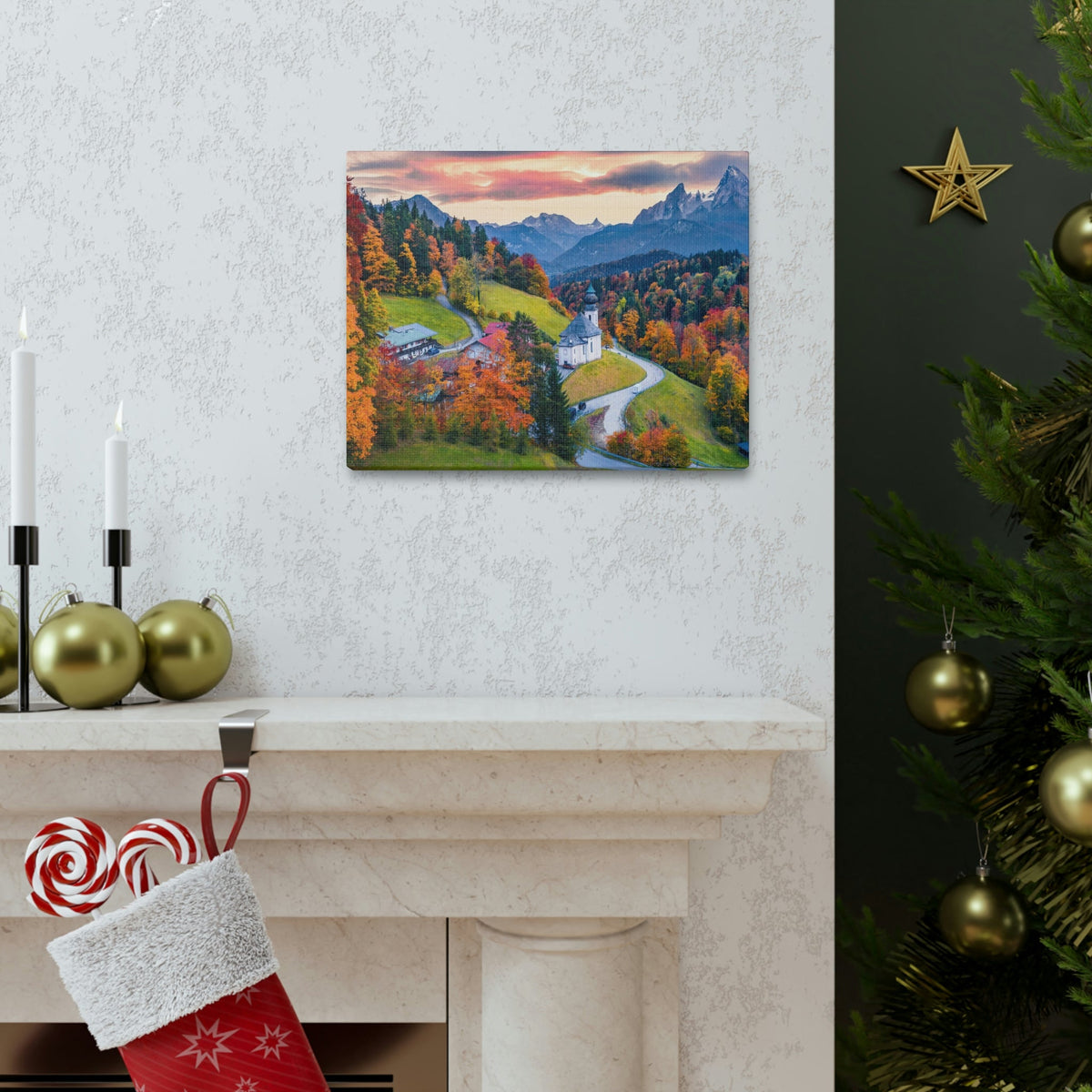 Splendid Autumn Sunset at the Countryside Scene Beautiful Awesome and Impressive View Beauty Nature Scene Big Trees and Alps Wall Art Ready to Hang Unframed-Express Your Love Gifts