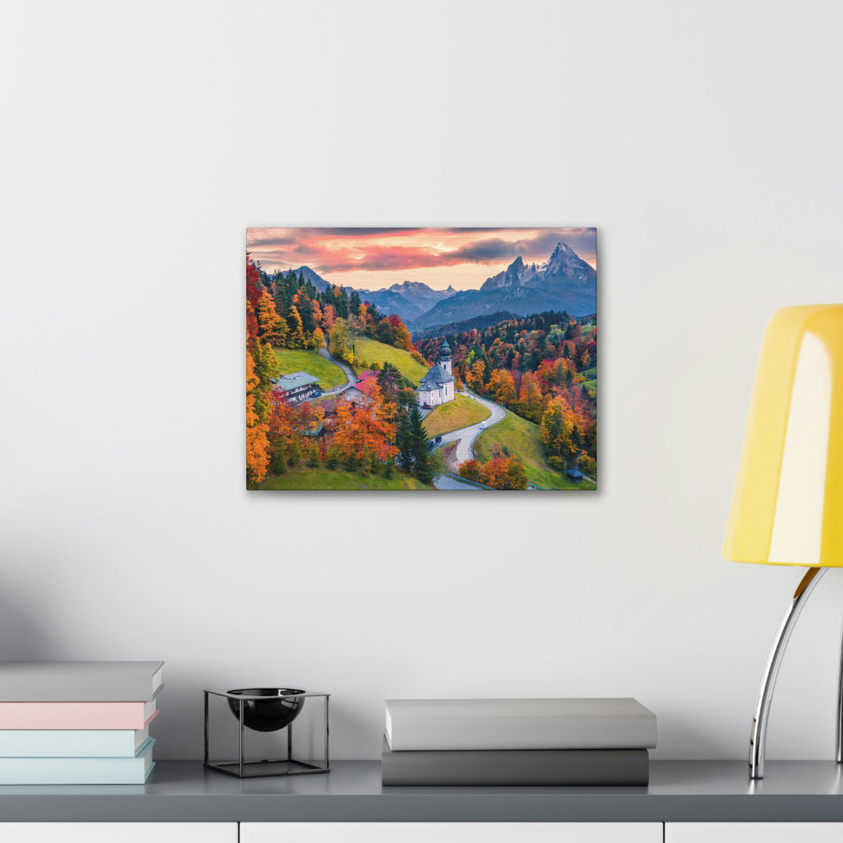 Splendid Autumn Sunset at the Countryside Scene Beautiful Awesome and Impressive View Beauty Nature Scene Big Trees and Alps Wall Art Ready to Hang Unframed-Express Your Love Gifts