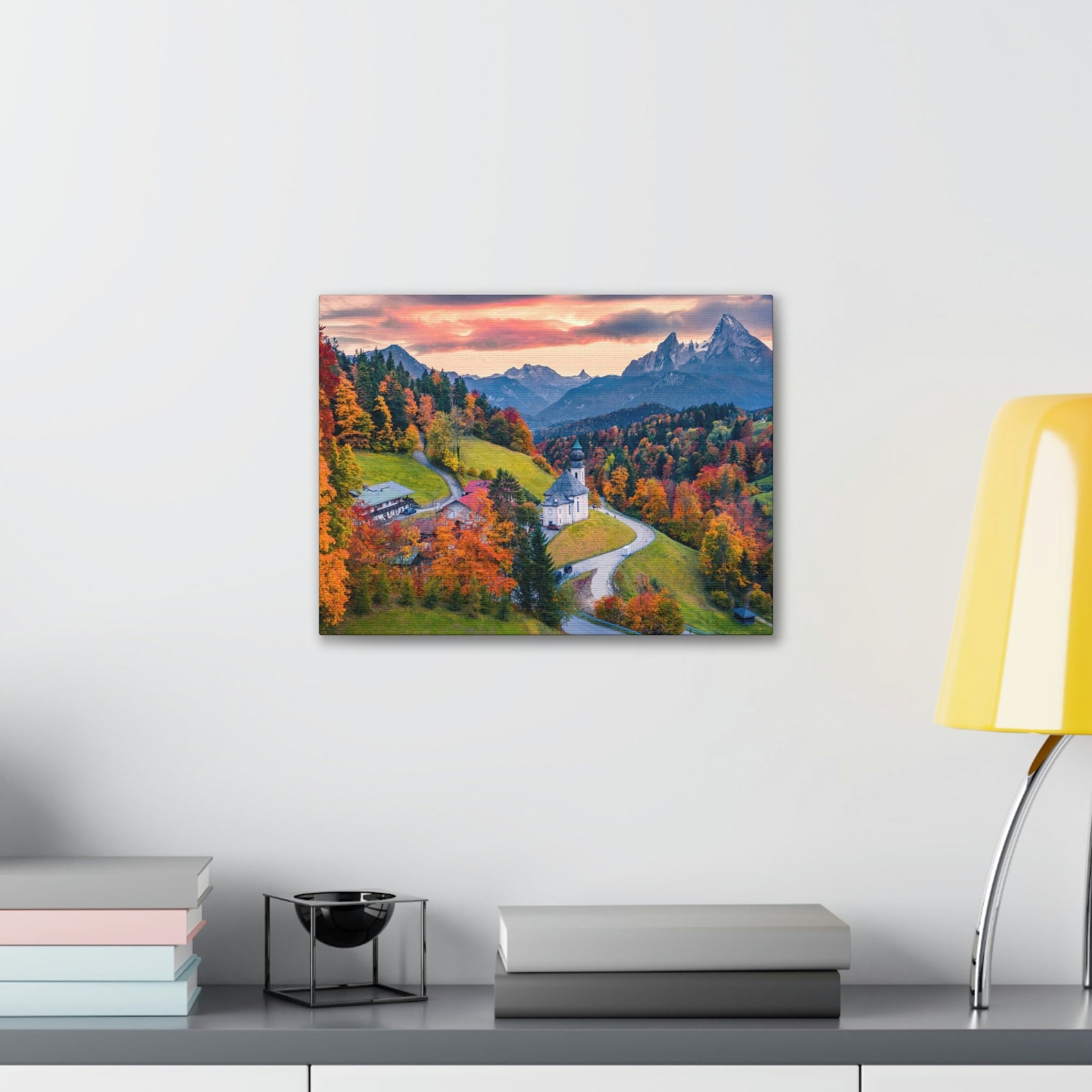 Splendid Autumn Sunset at the Countryside Scene Beautiful Awesome and Impressive View Beauty Nature Scene Big Trees and Alps Wall Art Ready to Hang Unframed-Express Your Love Gifts