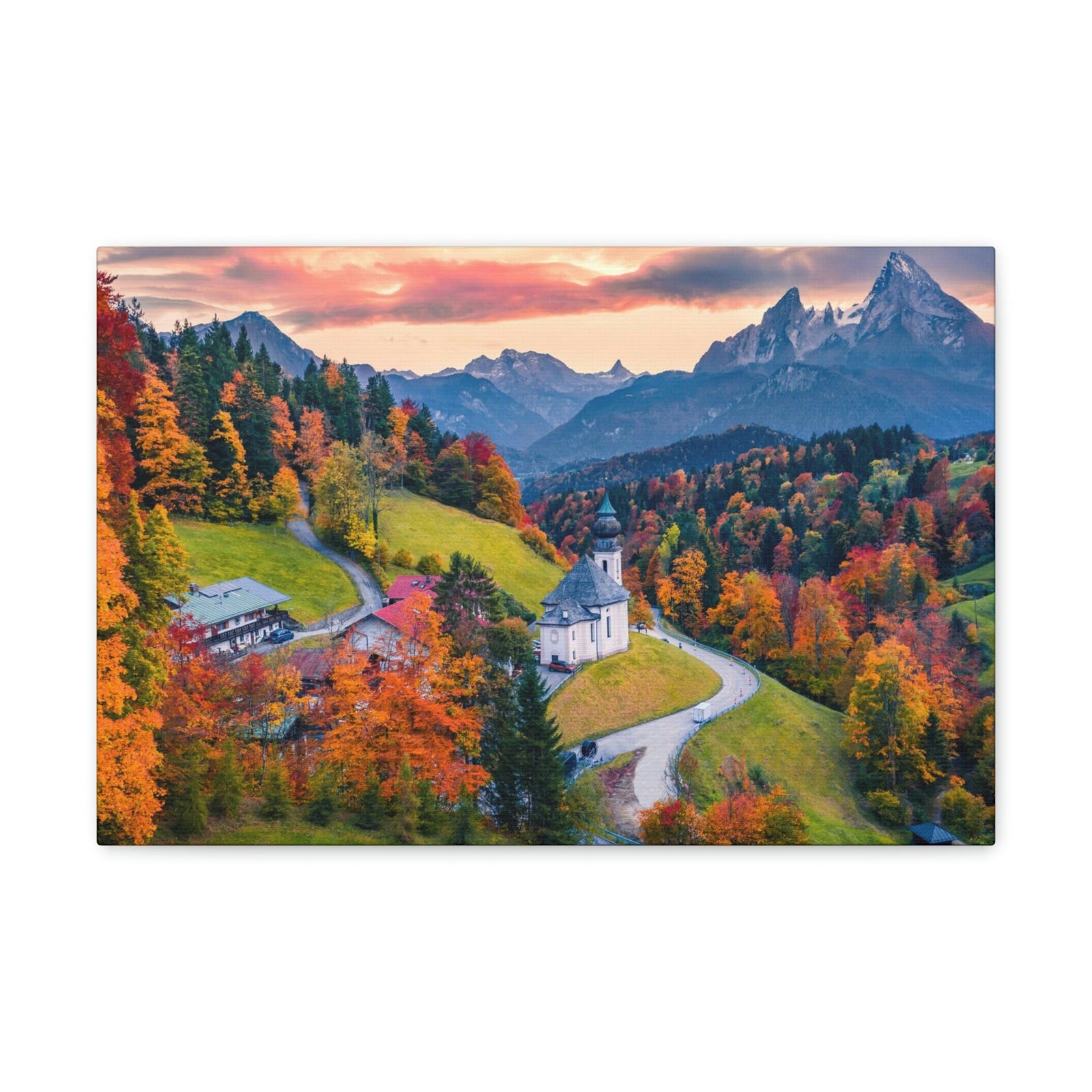Splendid Autumn Sunset at the Countryside Scene Beautiful Awesome and Impressive View Beauty Nature Scene Big Trees and Alps Wall Art Ready to Hang Unframed-Express Your Love Gifts