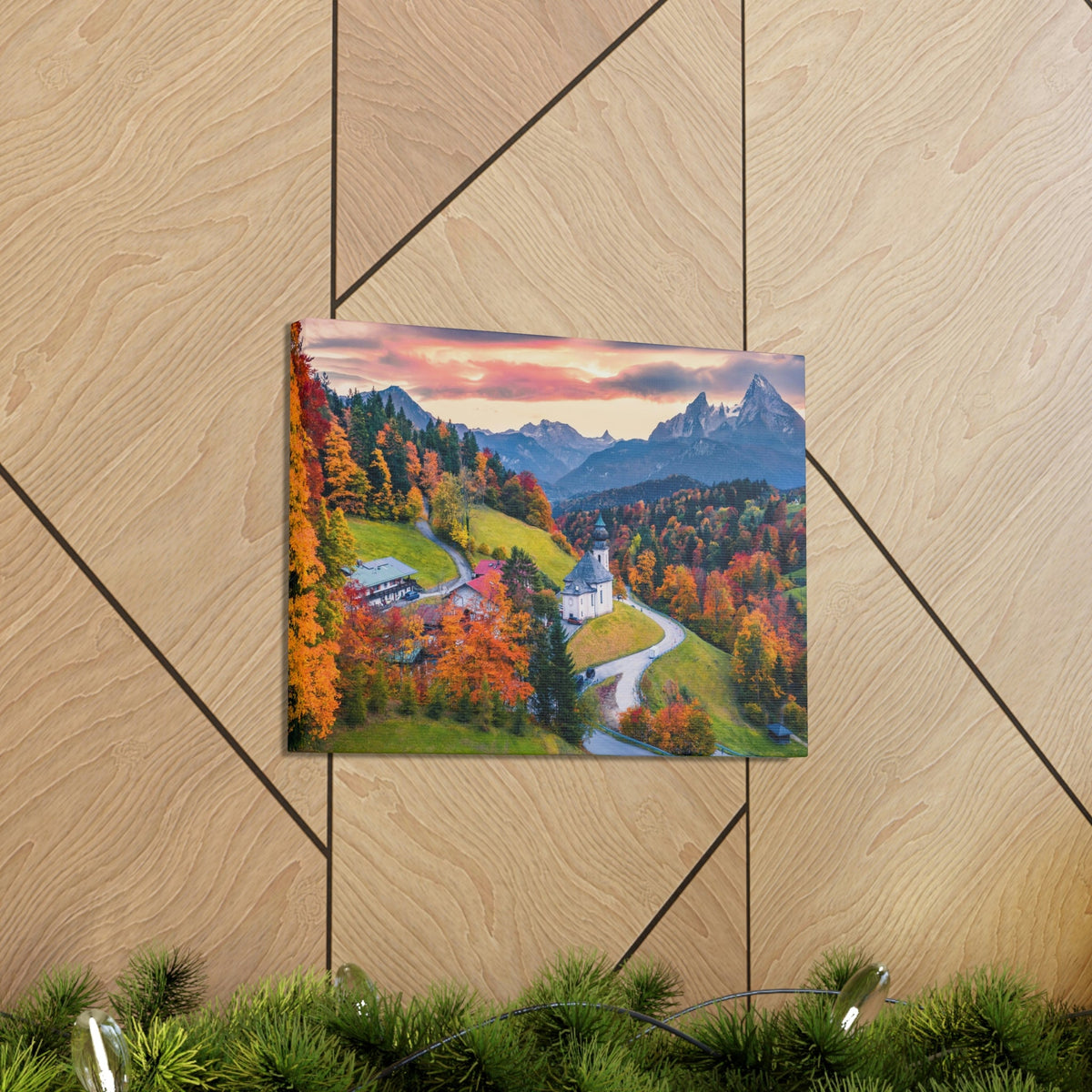 Splendid Autumn Sunset at the Countryside Scene Beautiful Awesome and Impressive View Beauty Nature Scene Big Trees and Alps Wall Art Ready to Hang Unframed-Express Your Love Gifts