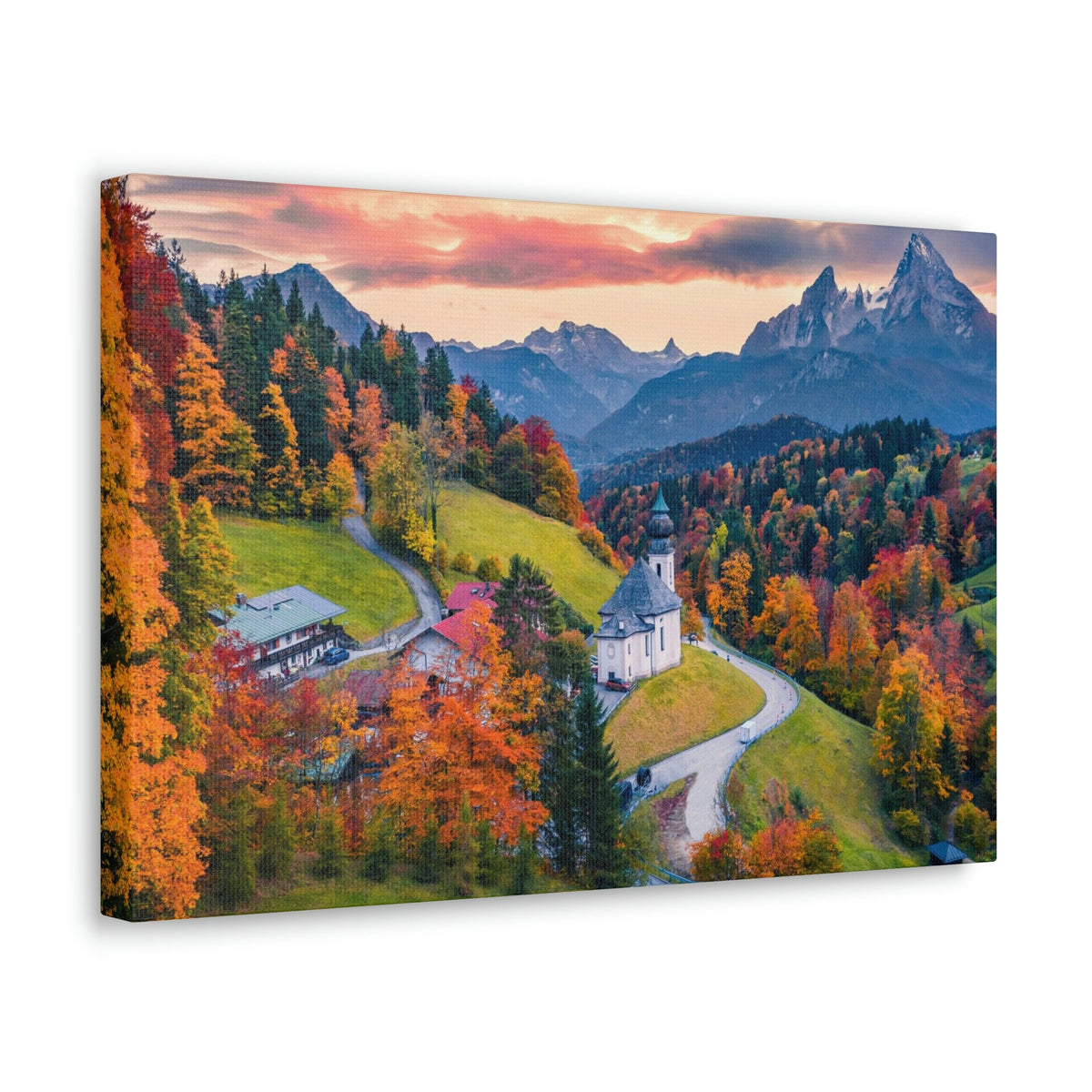 Splendid Autumn Sunset at the Countryside Scene Beautiful Awesome and Impressive View Beauty Nature Scene Big Trees and Alps Wall Art Ready to Hang Unframed-Express Your Love Gifts