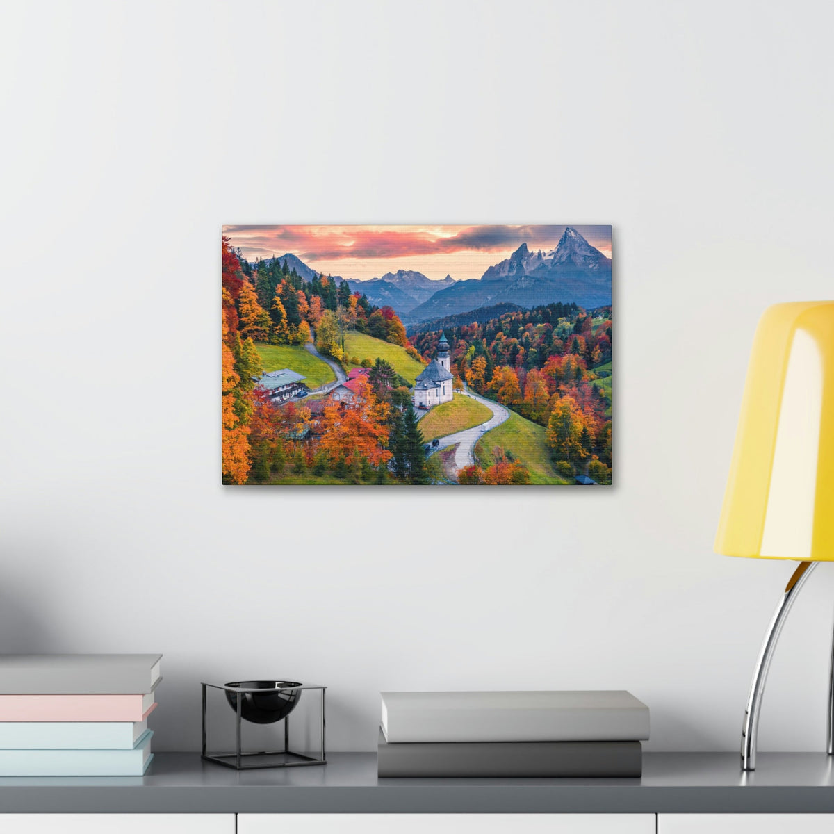 Splendid Autumn Sunset at the Countryside Scene Beautiful Awesome and Impressive View Beauty Nature Scene Big Trees and Alps Wall Art Ready to Hang Unframed-Express Your Love Gifts