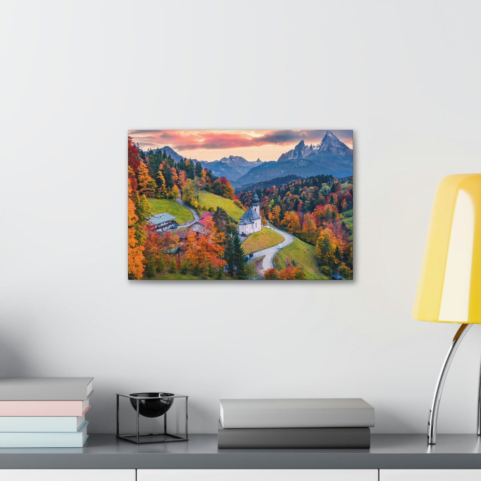 Splendid Autumn Sunset at the Countryside Scene Beautiful Awesome and Impressive View Beauty Nature Scene Big Trees and Alps Wall Art Ready to Hang Unframed-Express Your Love Gifts