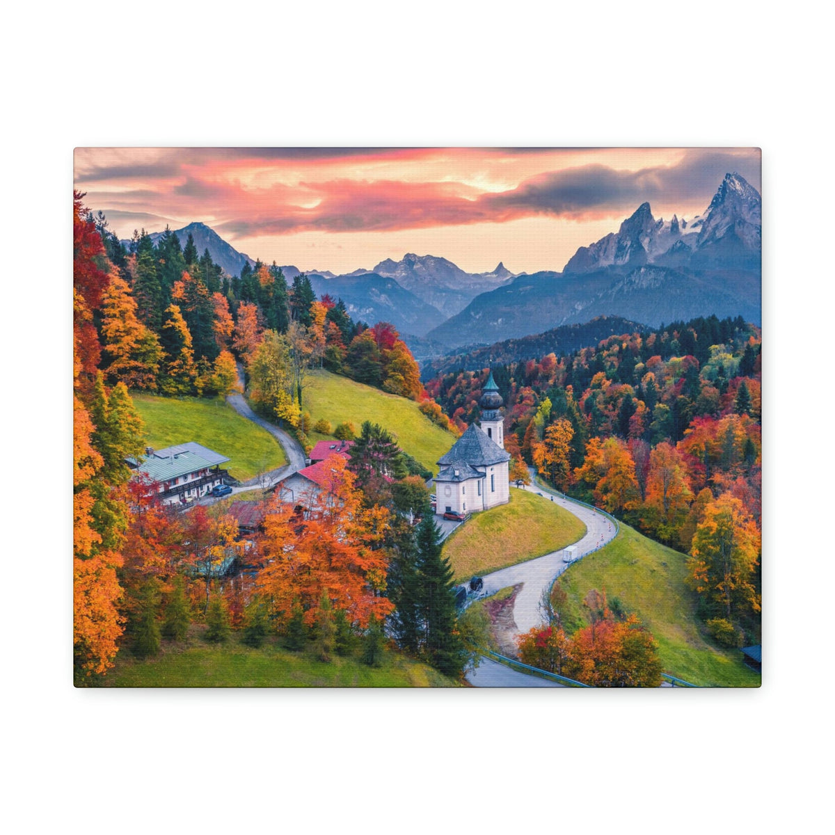 Splendid Autumn Sunset at the Countryside Scene Beautiful Awesome and Impressive View Beauty Nature Scene Big Trees and Alps Wall Art Ready to Hang Unframed-Express Your Love Gifts