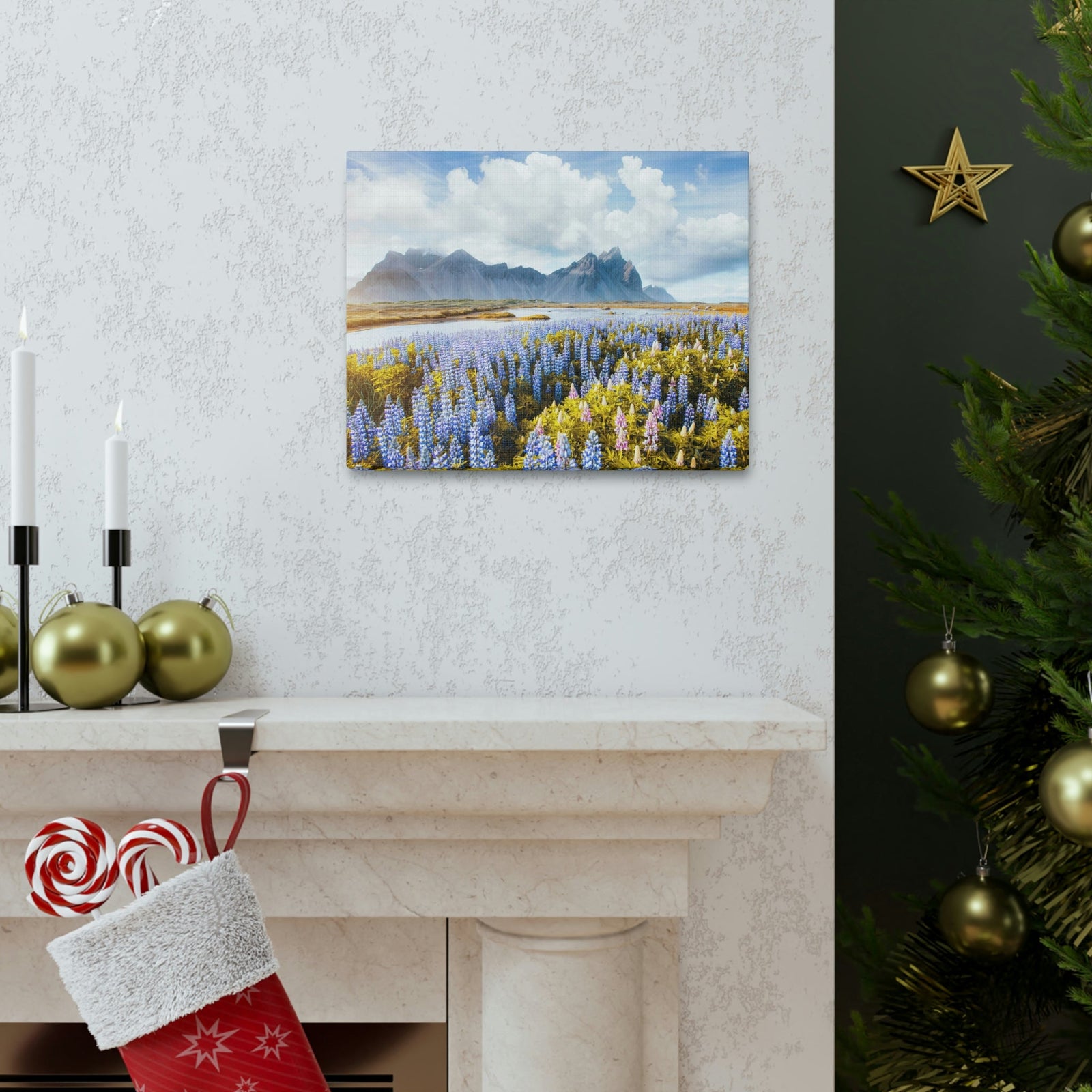 Splendid Lupine Flower on Sunny Day Scene Beautiful Surprising and Shocking Beauty Nature Scene View of Mountain in Flower Garden Wall Art Ready to Hang Unframed-Express Your Love Gifts