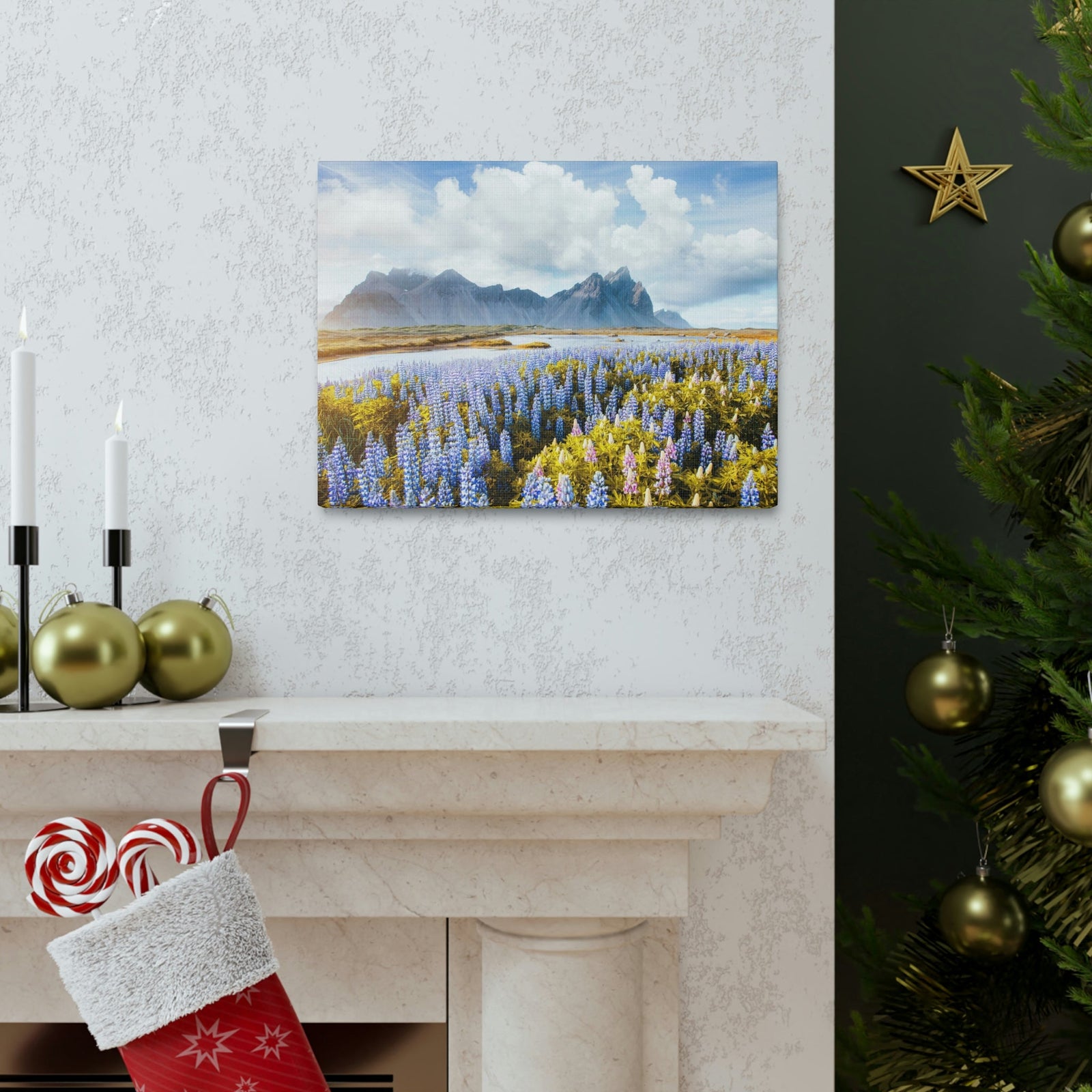 Splendid Lupine Flower on Sunny Day Scene Beautiful Surprising and Shocking Beauty Nature Scene View of Mountain in Flower Garden Wall Art Ready to Hang Unframed-Express Your Love Gifts