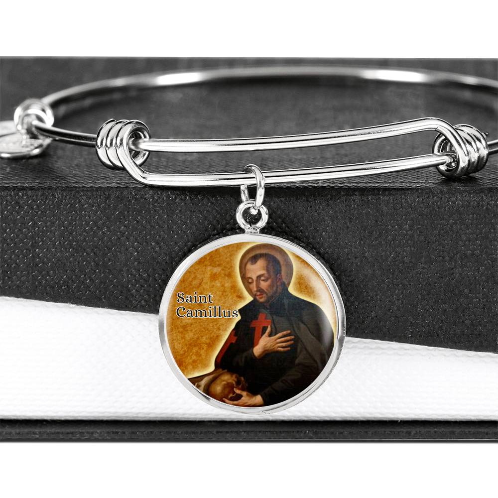St. Camillus Catholic Saint Circle Pendant Bangle Stainless Steel or 18k Gold 18-22"-Express Your Love Gifts