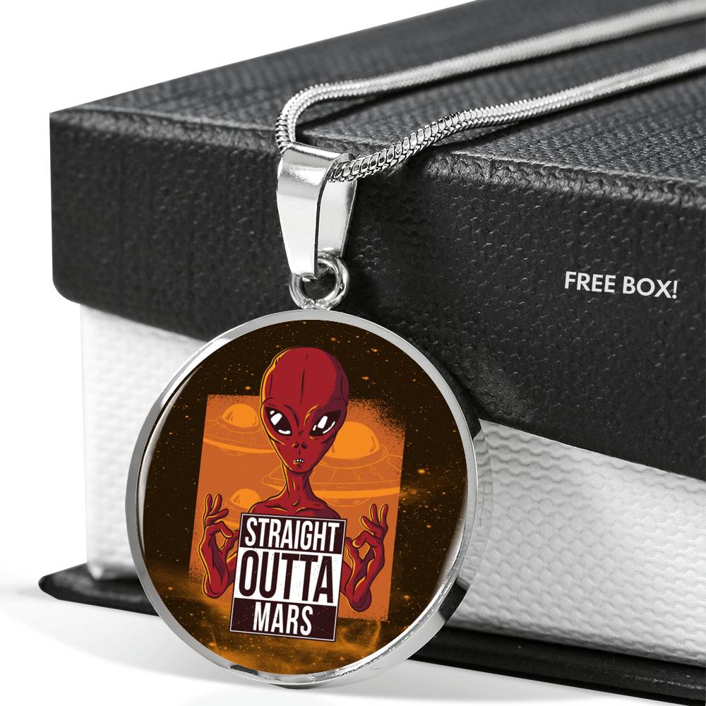 Straight Outta Mars Circle Pendant UFO Alien Fan Necklace Stainless Steel or 18k Gold 18-22"-Express Your Love Gifts