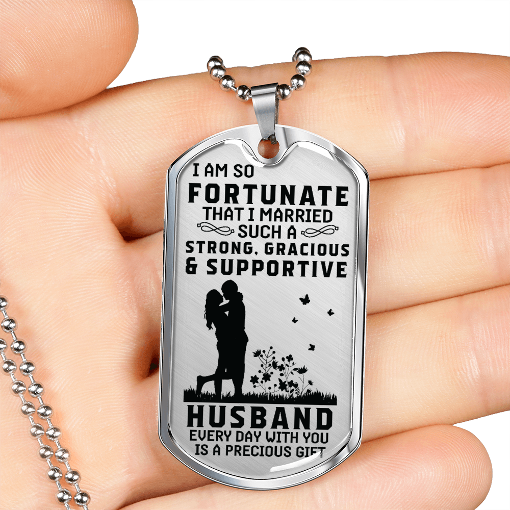 Strong Gracious Supportive Husband Necklace Stainless Steel or 18k Gold Dog Tag 24" Chain-Express Your Love Gifts