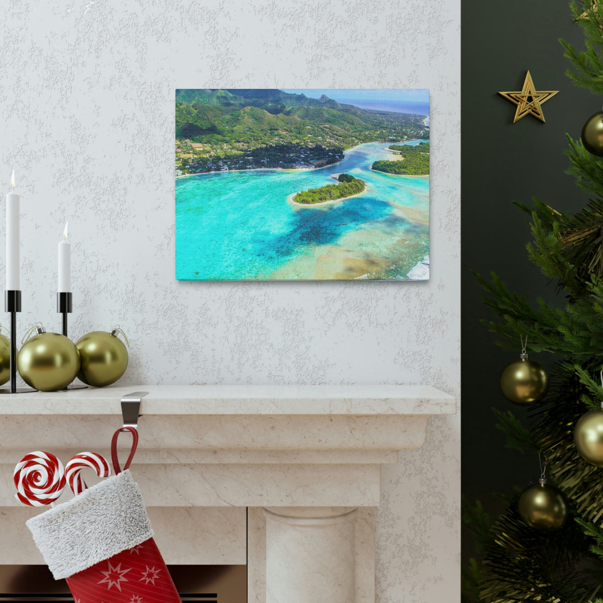 Stunning Breathtaking Island Scene Beautiful Clear Turquoise Water Beauty Nature Scene Green Mountains Wall Art Ready to Hang Unframed-Express Your Love Gifts
