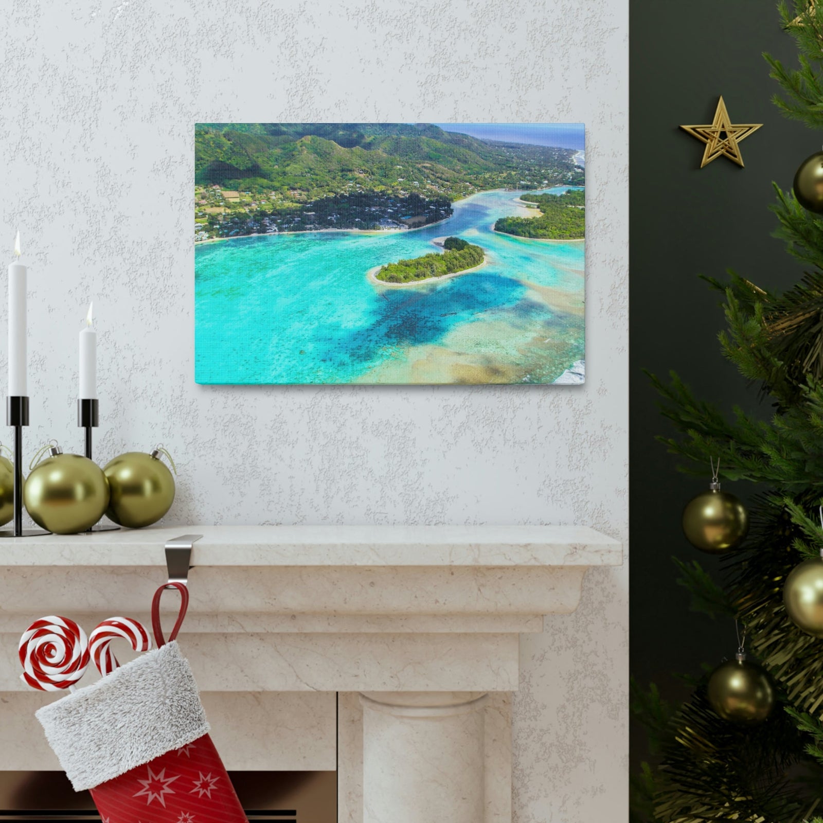 Stunning Breathtaking Island Scene Beautiful Clear Turquoise Water Beauty Nature Scene Green Mountains Wall Art Ready to Hang Unframed-Express Your Love Gifts