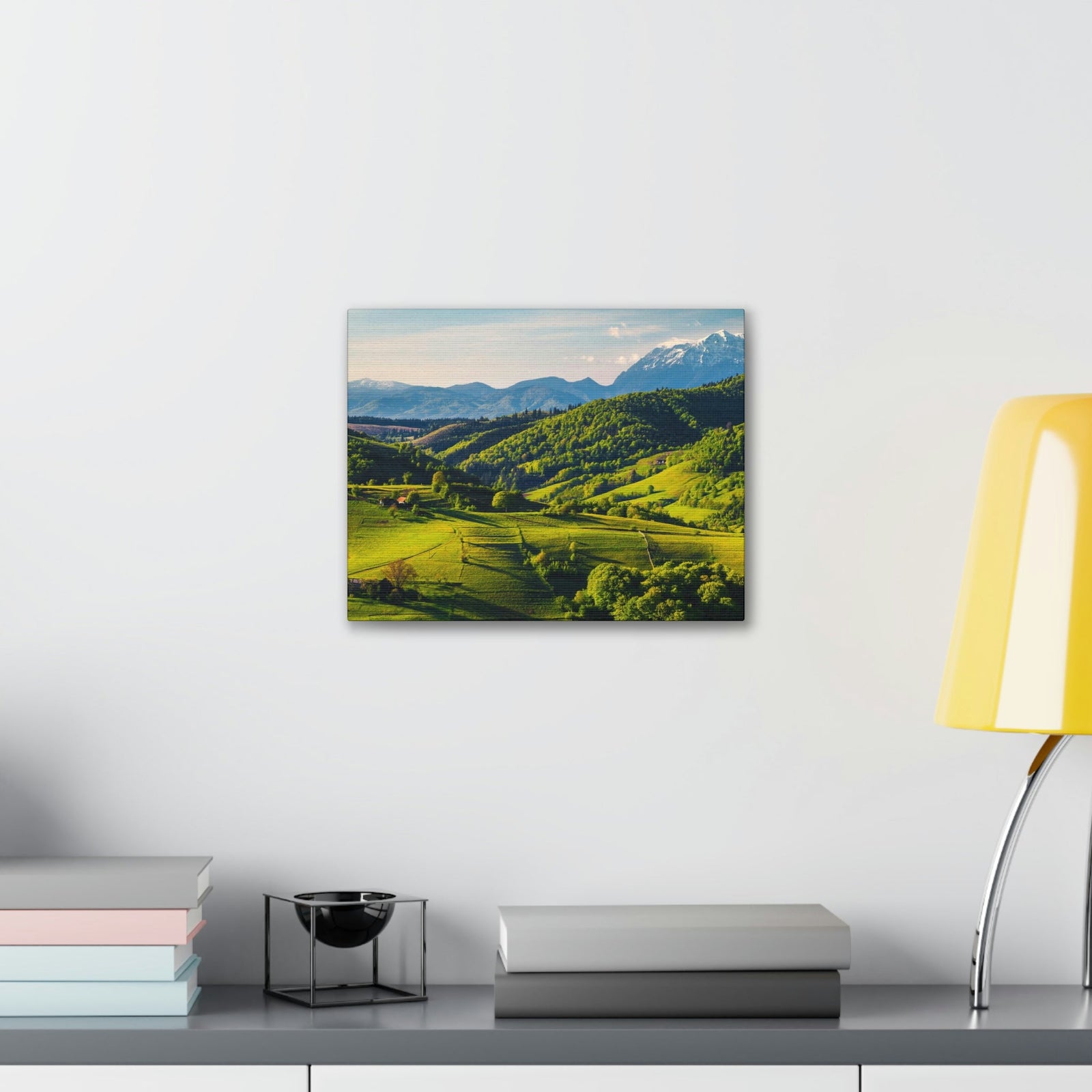 Stunning Spring at the Countryside Scene Beautiful Marvelous and Fabulous Hill Beauty Nature Scene Green Fields and Snowy Mountain Wall Art Ready to Hang Unframed-Express Your Love Gifts