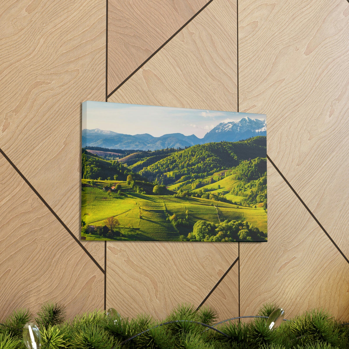 Stunning Spring at the Countryside Scene Beautiful Marvelous and Fabulous Hill Beauty Nature Scene Green Fields and Snowy Mountain Wall Art Ready to Hang Unframed-Express Your Love Gifts