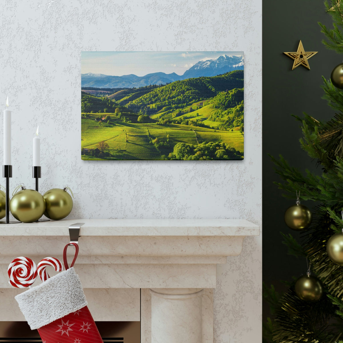 Stunning Spring at the Countryside Scene Beautiful Marvelous and Fabulous Hill Beauty Nature Scene Green Fields and Snowy Mountain Wall Art Ready to Hang Unframed-Express Your Love Gifts