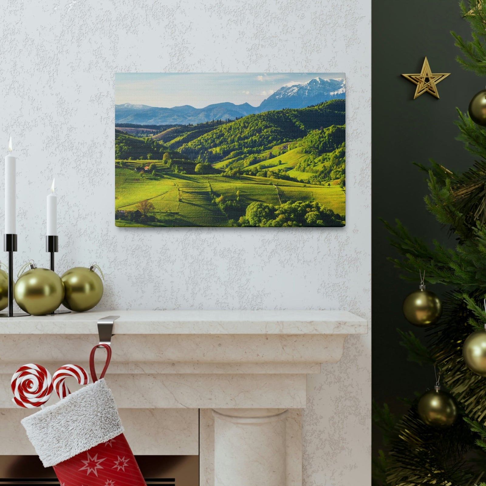 Stunning Spring at the Countryside Scene Beautiful Marvelous and Fabulous Hill Beauty Nature Scene Green Fields and Snowy Mountain Wall Art Ready to Hang Unframed-Express Your Love Gifts